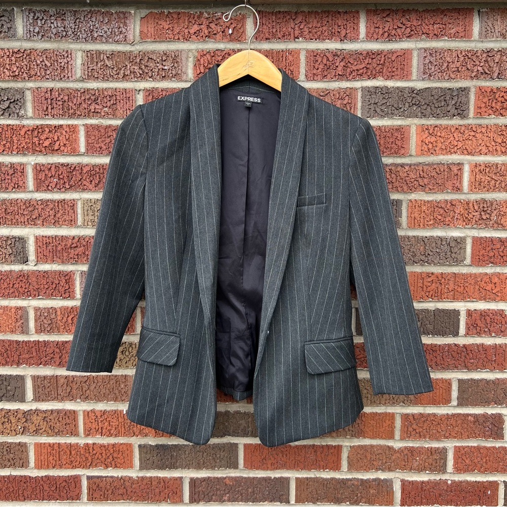 Express Gray and White Pin Stripe Cinched Blazer Suit Jacket